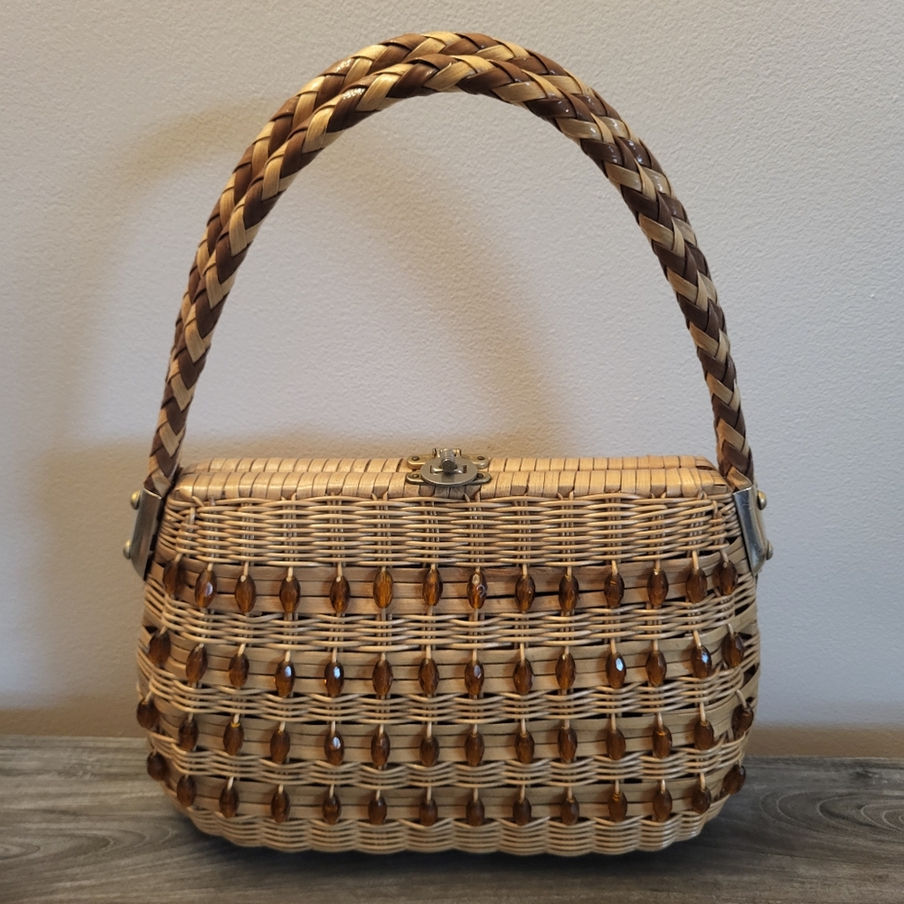 Vintage Beaded Woven Top Handle Bag Natural Wicker MCM